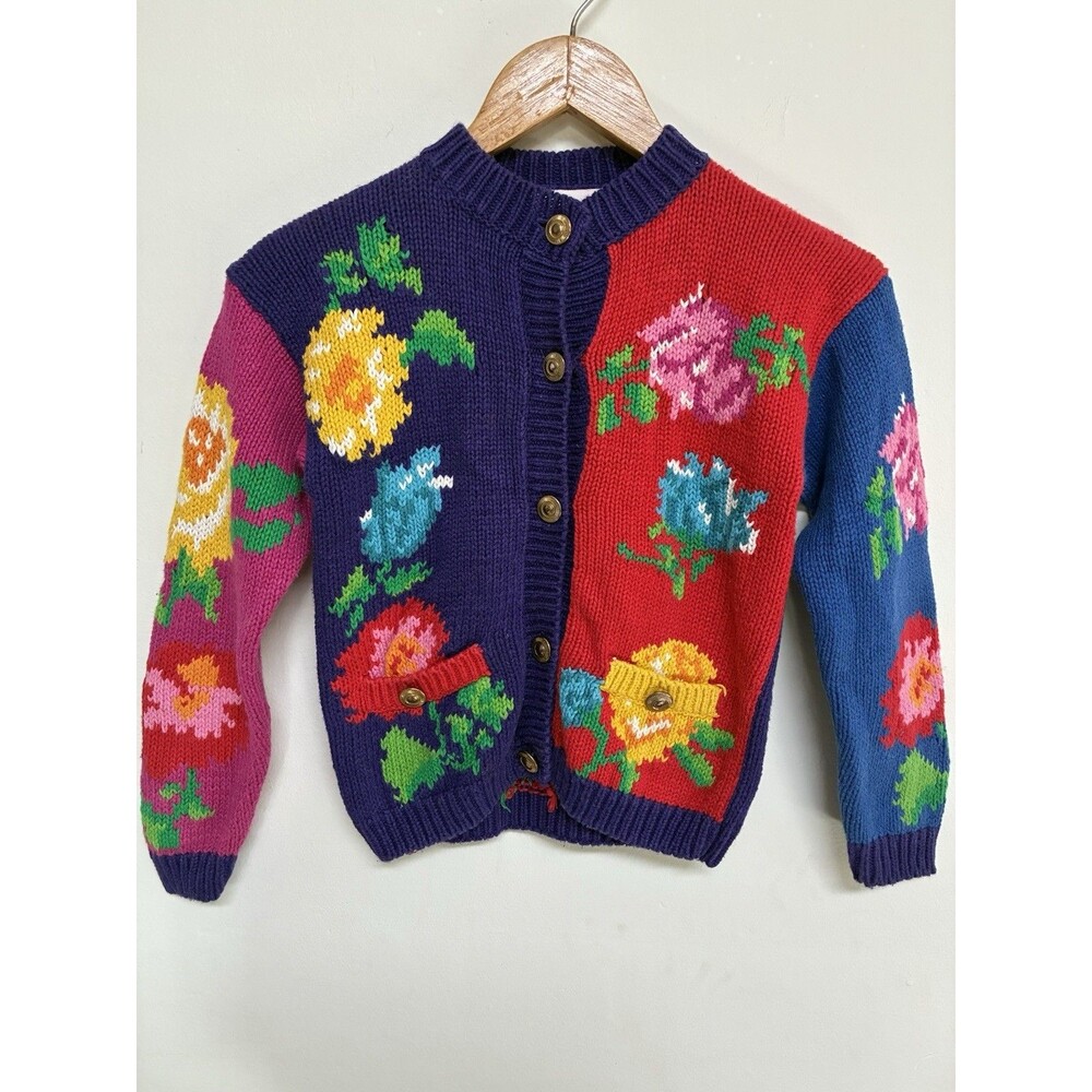 CC Bates Vintage Floral Knit Block Cardigan Sweater Size Kids Girls L / 6X